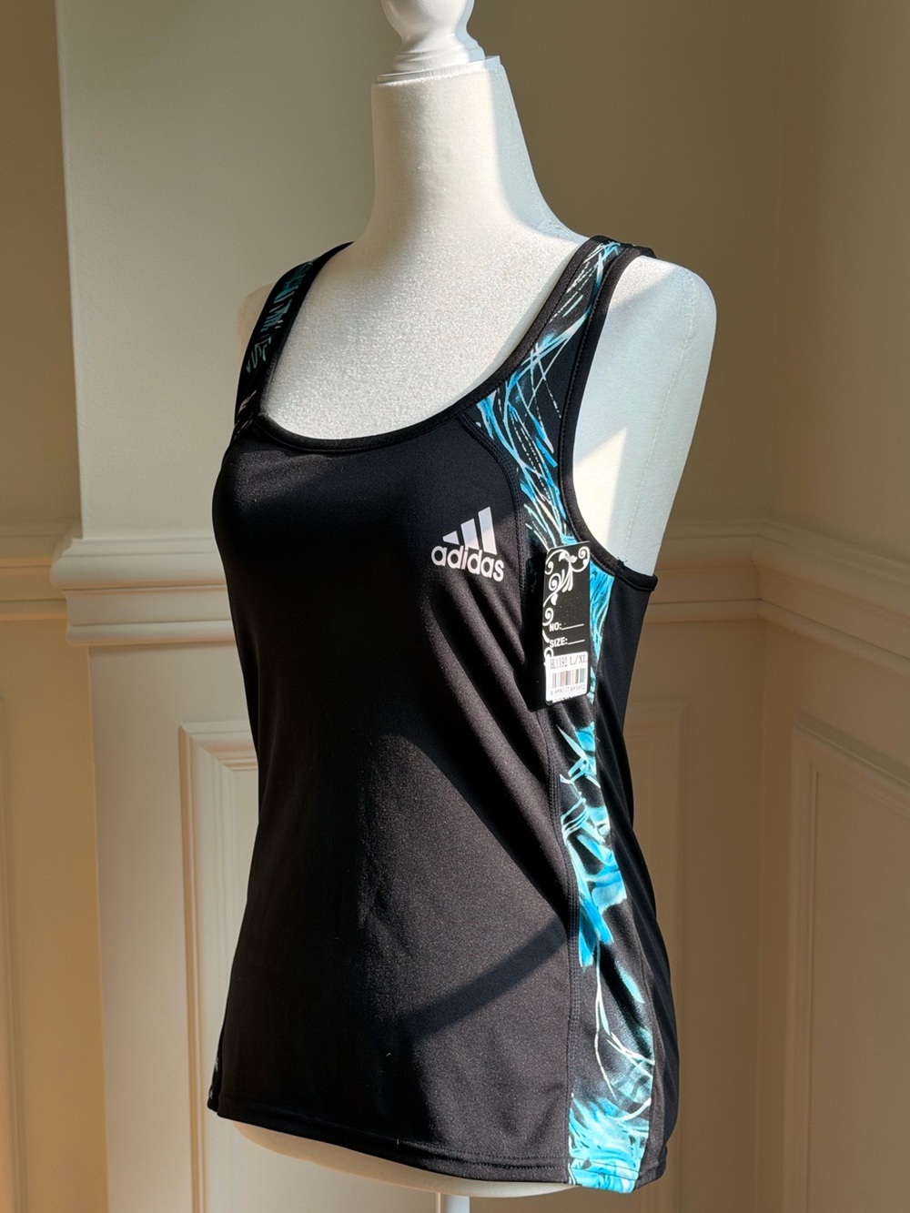 Y2K Adidas Black Athletic Tank Top with Teal Side Pattern